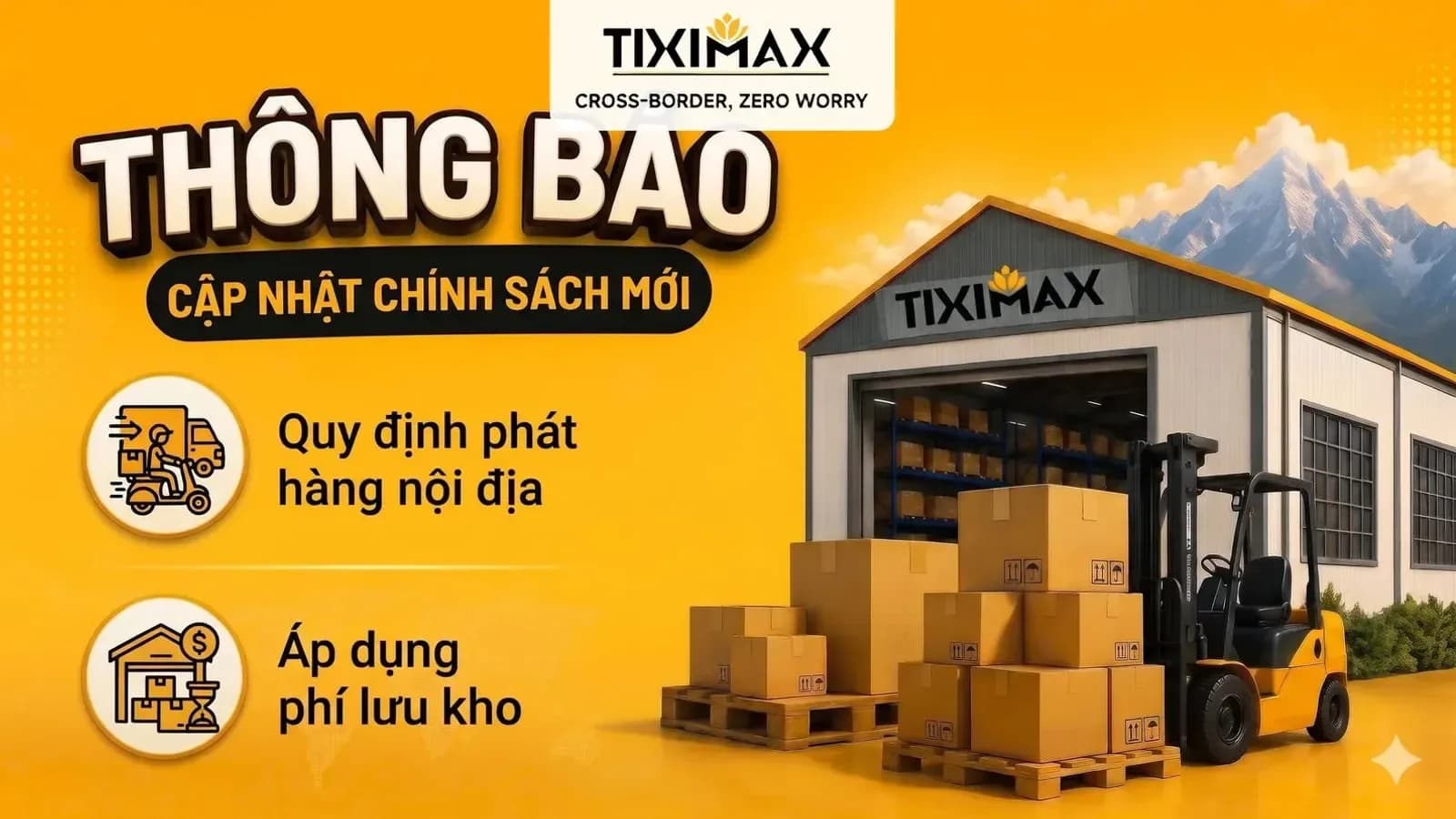 Kiện hàng xếp trên kệ tại kho nội địa, minh họa cập nhật chính sách phát hàng nội địa và lưu kho tại tiximax