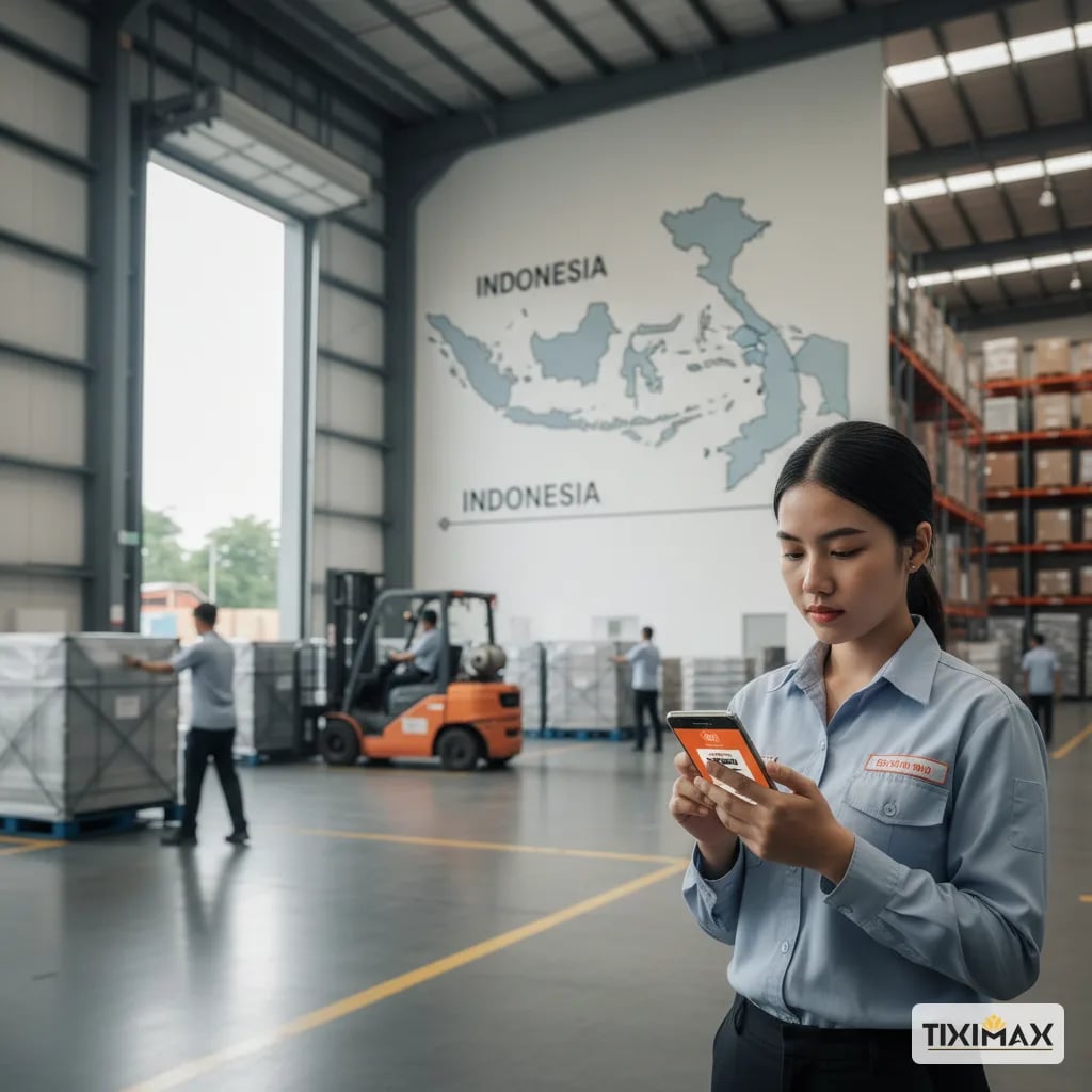 Người phụ nữ Việt Nam đang xem sản phẩm trên Shopee Indonesia trên điện thoại, phía sau là bản đồ Indonesia và Việt Nam.