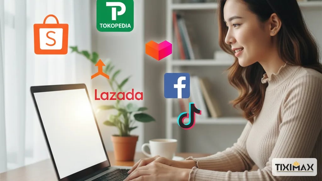 Các trang web mua hàng Indonesia phổ biến như Shopee, Tokopedia, Lazada và dịch vụ vận chuyển của Tiximax