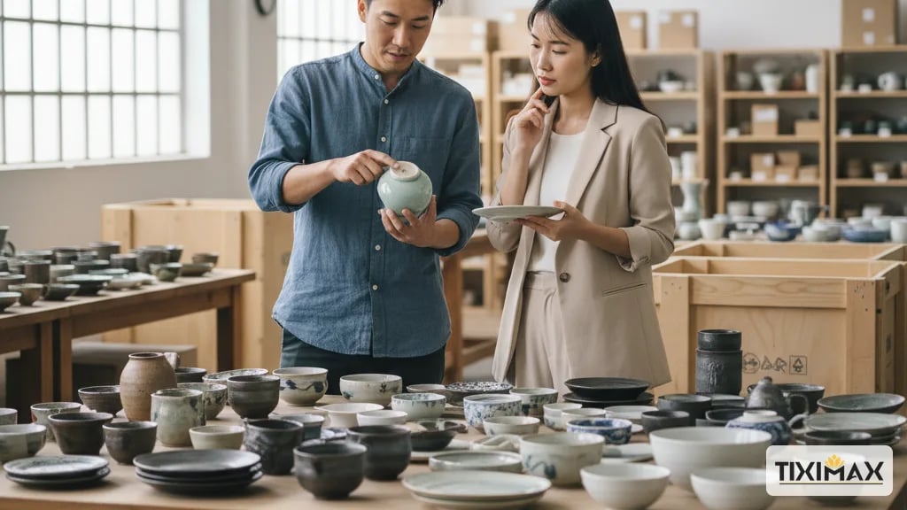 Người đàn ông và phụ nữ xem xét đồ gốm sứ.