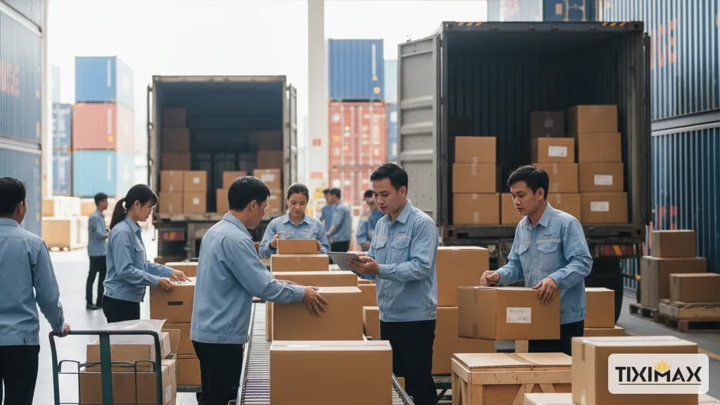 Nhân viên kho vận chuyển hàng hóa, xếp dỡ container.