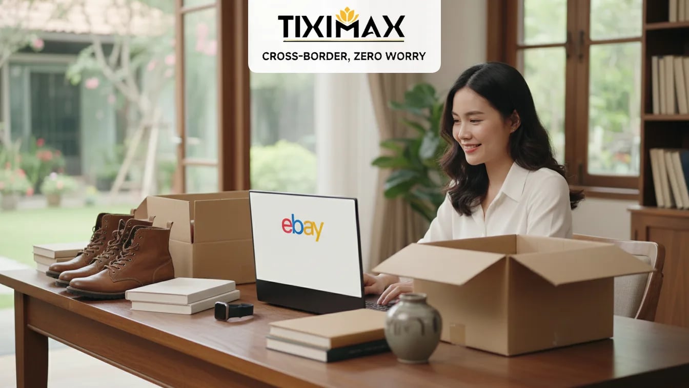 Phụ nữ Việt dùng laptop có logo eBay, cạnh giày và hộp.