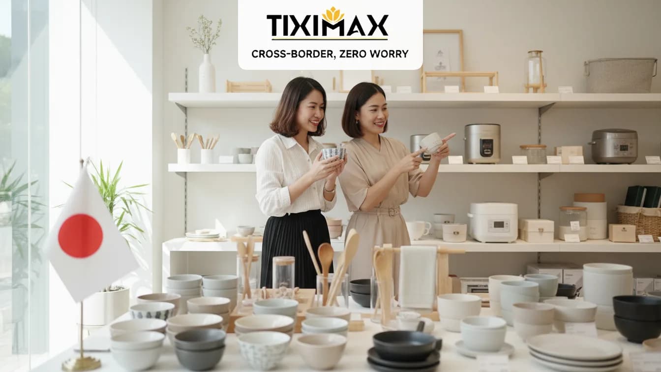 Hai phụ nữ chọn bát đĩa gốm sứ Nhật, có cờ