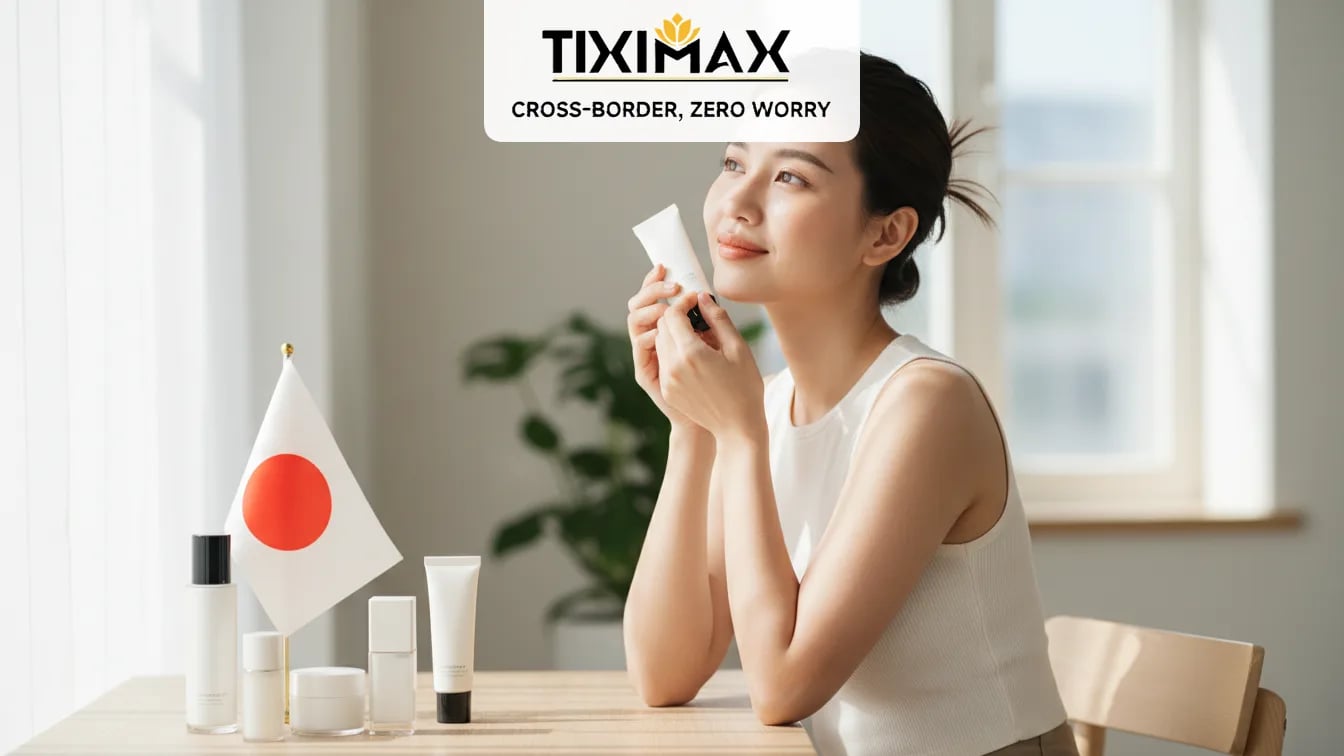 Người phụ nữ cầm mỹ phẩm Nhật, cờ Nhật trên bàn.