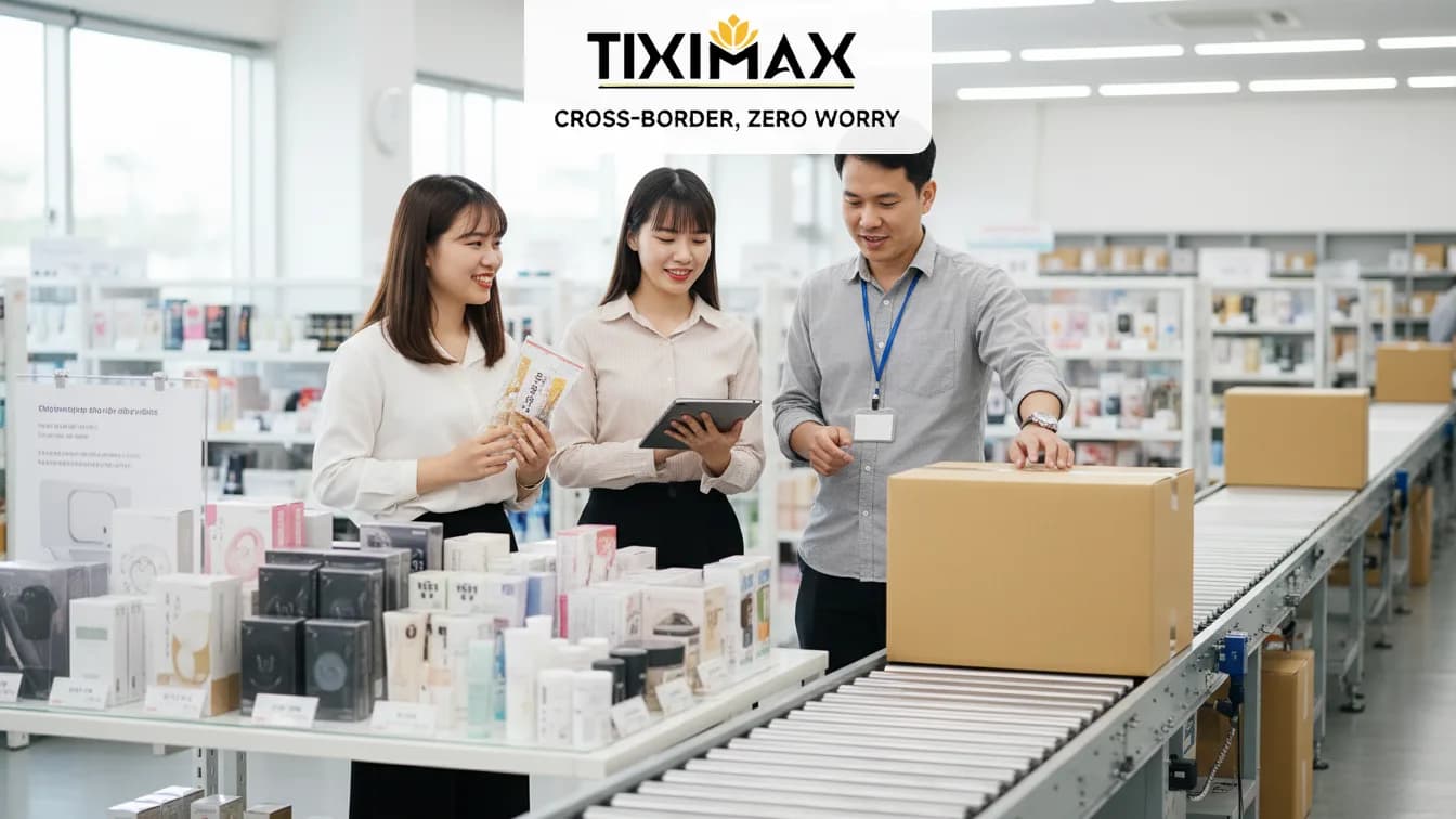 Ba nhân viên kiểm tra sản phẩm, kiện hàng trong kho.