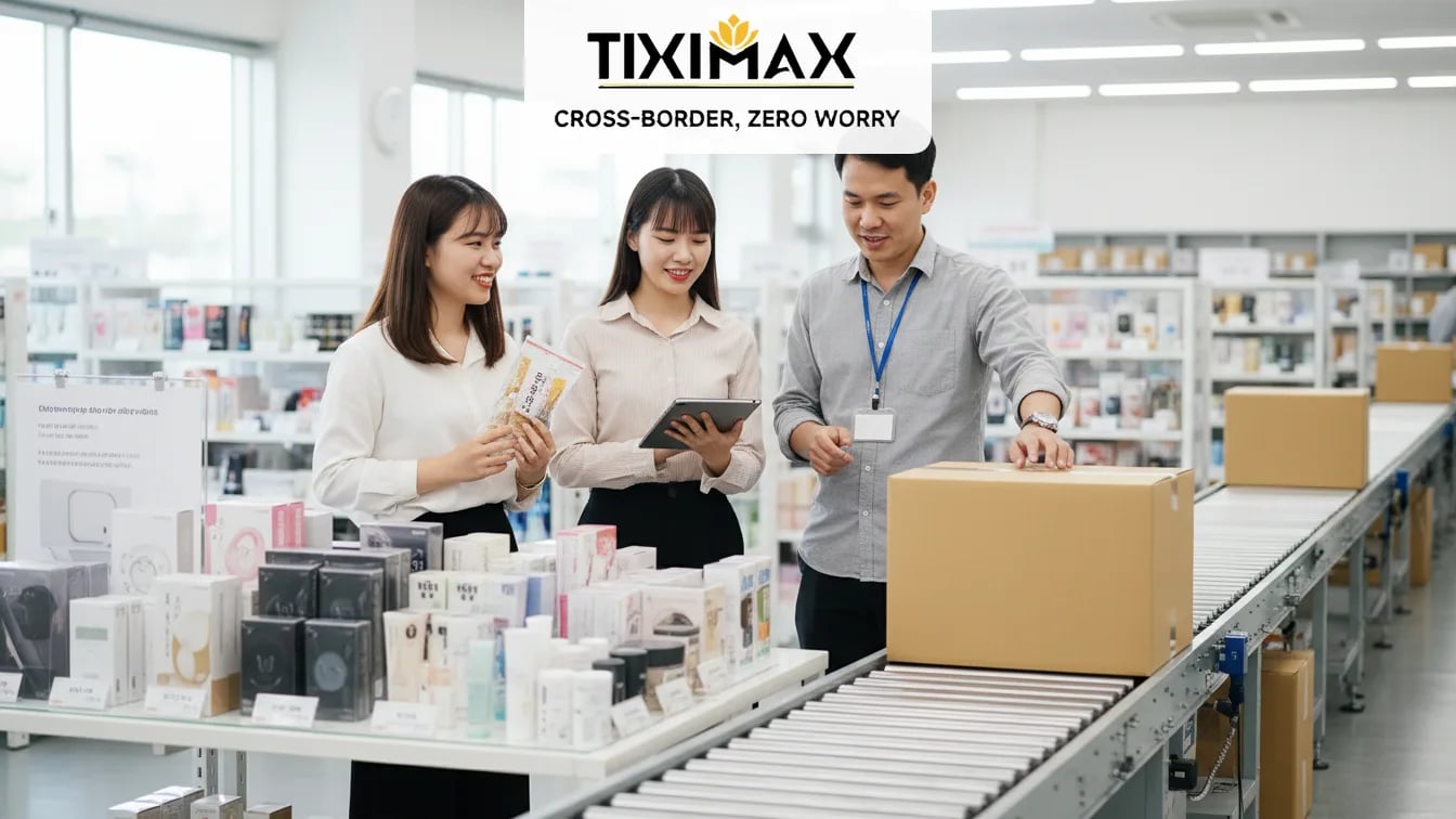 Ba nhân viên kiểm tra sản phẩm, kiện hàng trong kho.