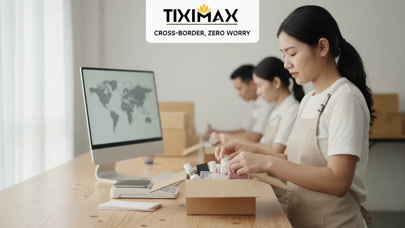Nhân viên đóng gói hàng mẫu mỹ phẩm vào hộp carton.