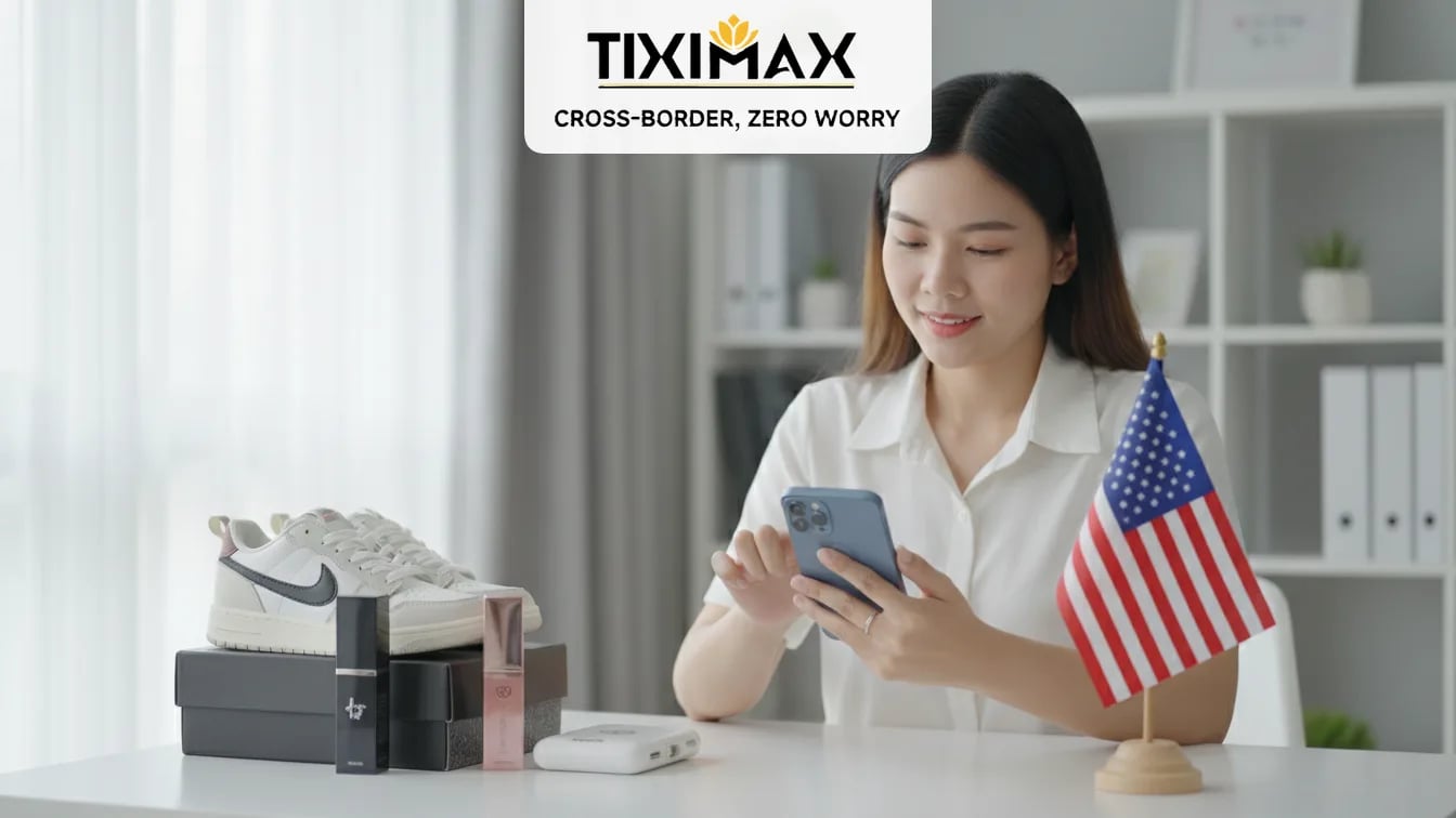 Người phụ nữ dùng điện thoại cạnh giày, nước hoa, cờ Mỹ.