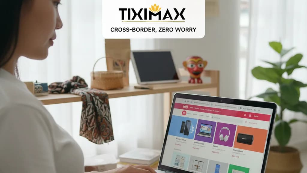 Người dùng đang xem sản phẩm trên Blibli Indonesia bằng điện thoại, cạnh đó là một gói hàng được đóng gói cẩn thận của Tiximax.