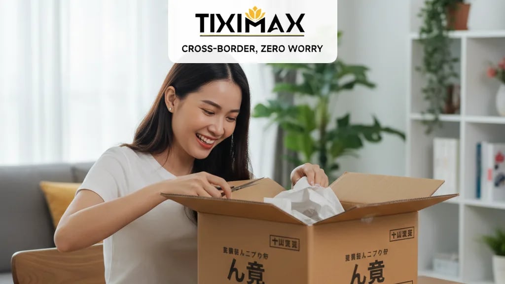 Người dùng Việt Nam nhận và mở kiện hàng từ Amazon Nhật Bản tại nhà.