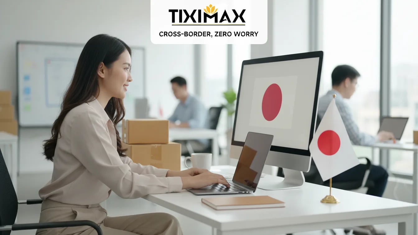 Người phụ nữ lướt máy tính, màn hình cờ Nhật, hộp hàng.