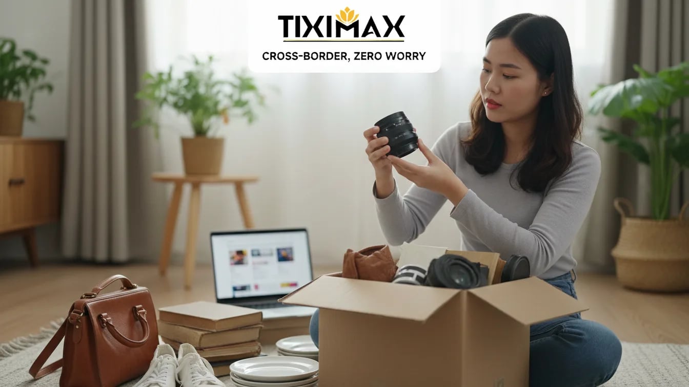 Người phụ nữ kiểm tra ống kính máy ảnh từ hộp hàng.