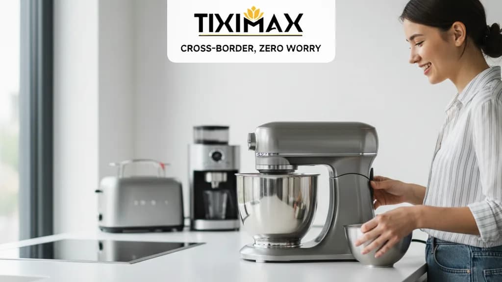 Người phụ nữ Việt Nam đang mua sắm trực tuyến trên Amazon Đức với giao diện tiếng Anh trên máy tính bảng