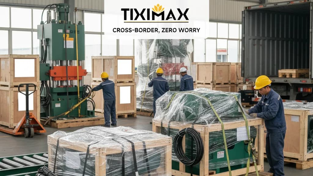 Máy móc công nghiệp được đóng gói cẩn thận trên pallet gỗ, sẵn sàng vận chuyển từ Nhật Bản về Việt Nam
