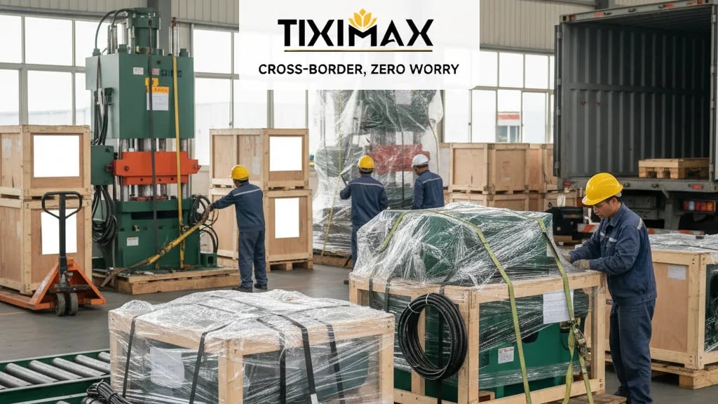 Máy móc công nghiệp được đóng gói cẩn thận trên pallet gỗ, sẵn sàng vận chuyển từ Nhật Bản về Việt Nam