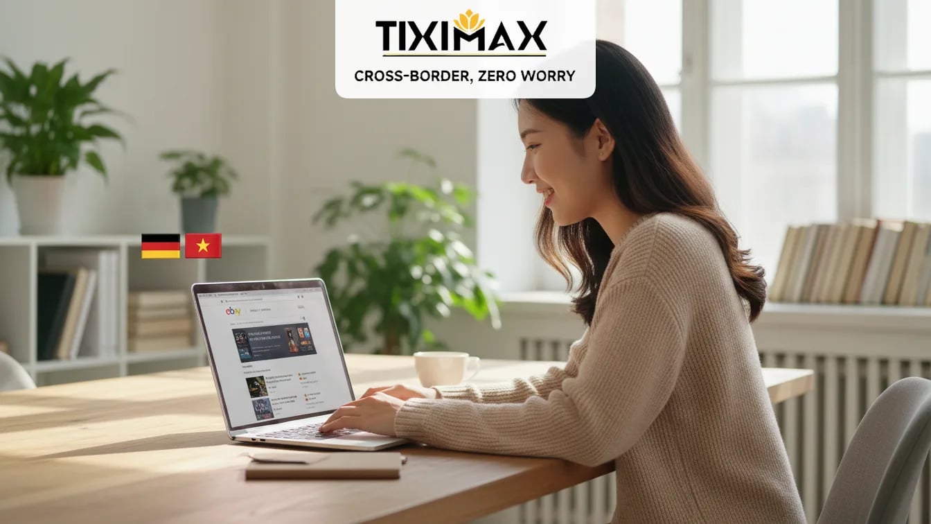 Người phụ nữ Việt Nam mỉm cười lướt eBay Đức trên laptop.