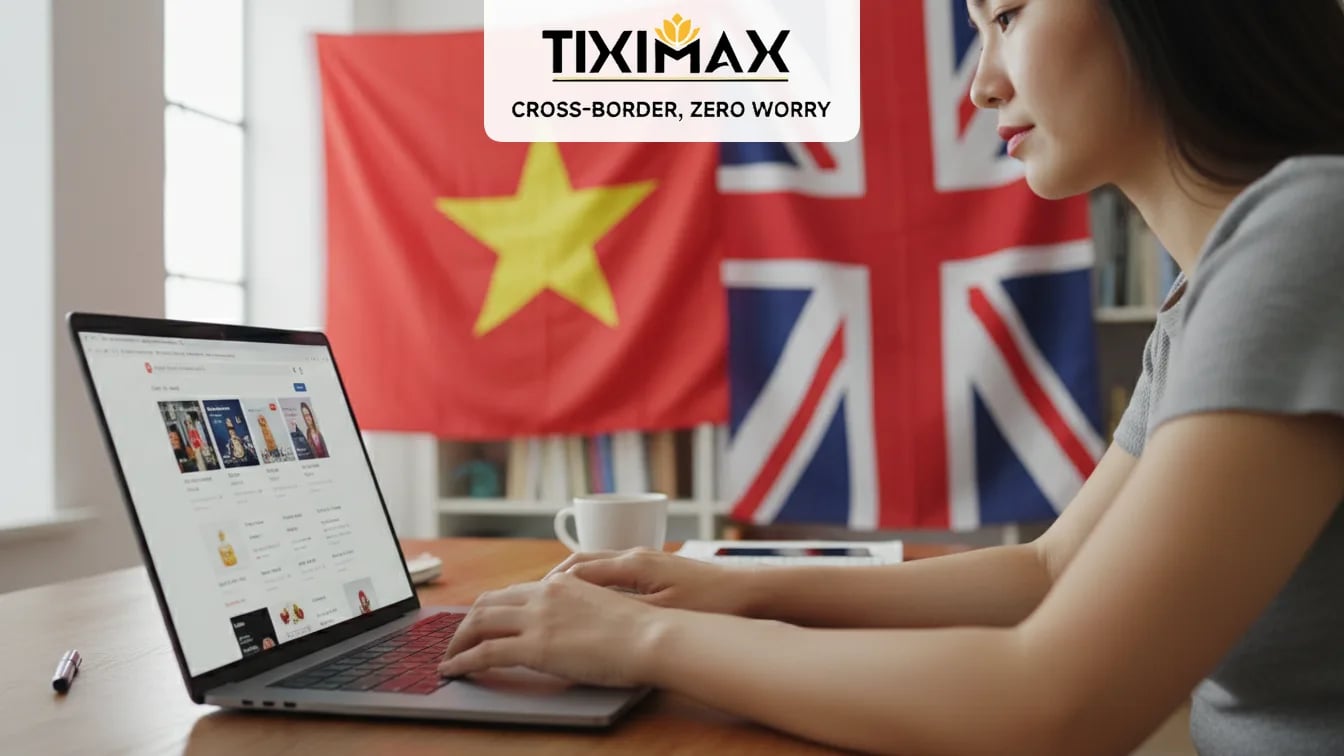 Người phụ nữ dùng laptop, cờ Việt Nam và Anh Quốc.