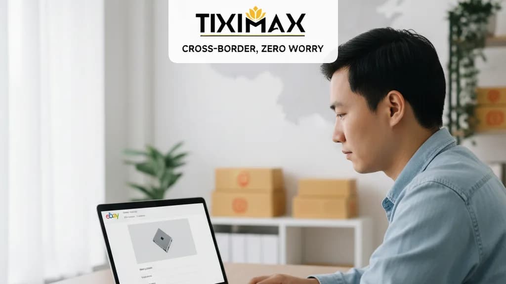 Người dùng xem sản phẩm trên eBay từ Trung Quốc, có hình ảnh bản đồ và gói hàng