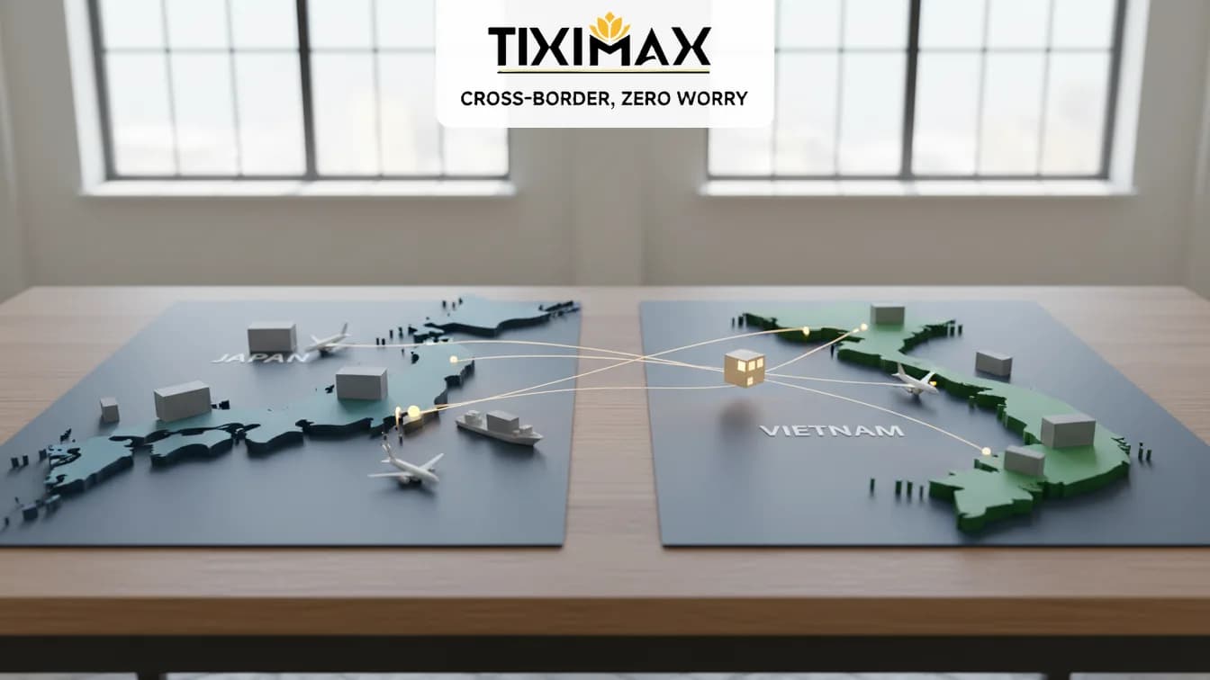 Bản đồ 3D Nhật Bản, Việt Nam với đường vận chuyển hàng hóa.