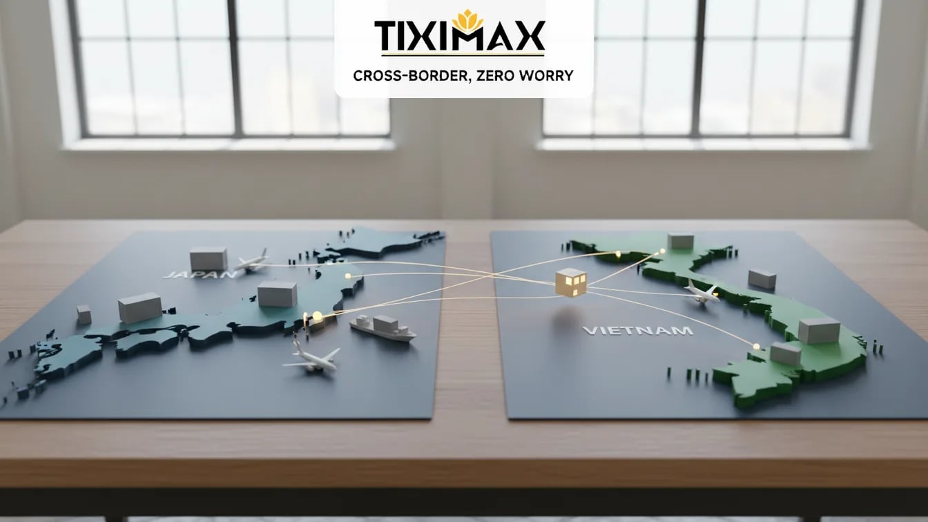 Bản đồ 3D Nhật Bản, Việt Nam với đường vận chuyển hàng hóa.