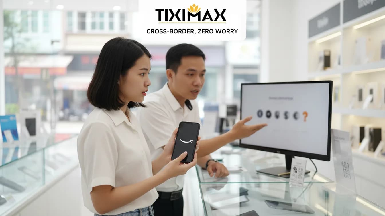 Khách hàng và nhân viên xem thanh toán Amazon trên màn hình.