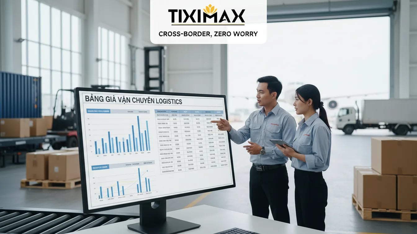 Hai nhân viên xem bảng giá vận chuyển logistics tại kho.